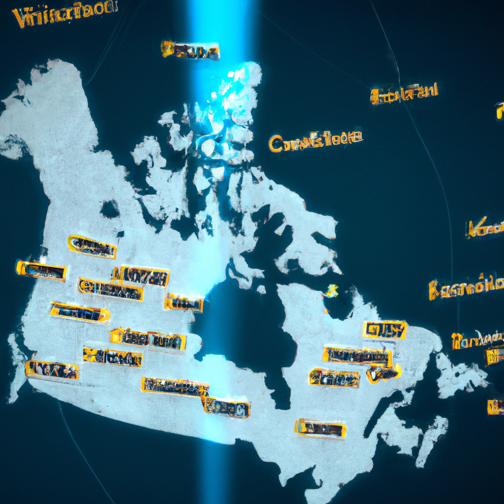 Static coverage map of Vyntelnor news studios across Canada showing detailed geographic outlines and city markers: Toronto, Vancouver, Montréal, Calgary, Ottawa, Edmonton, Winnipeg, Halifax, Saskatoon, Victoria